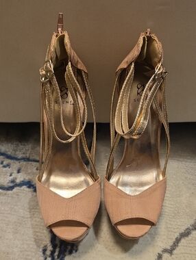 Scenta Blush Peep-Toe Heels with Metallic Gold Ankle Straps